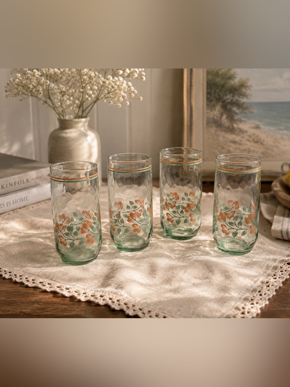 Set of 4 Vintage Libbey Tumblers Glass with Pink Flowers & Green Leaves